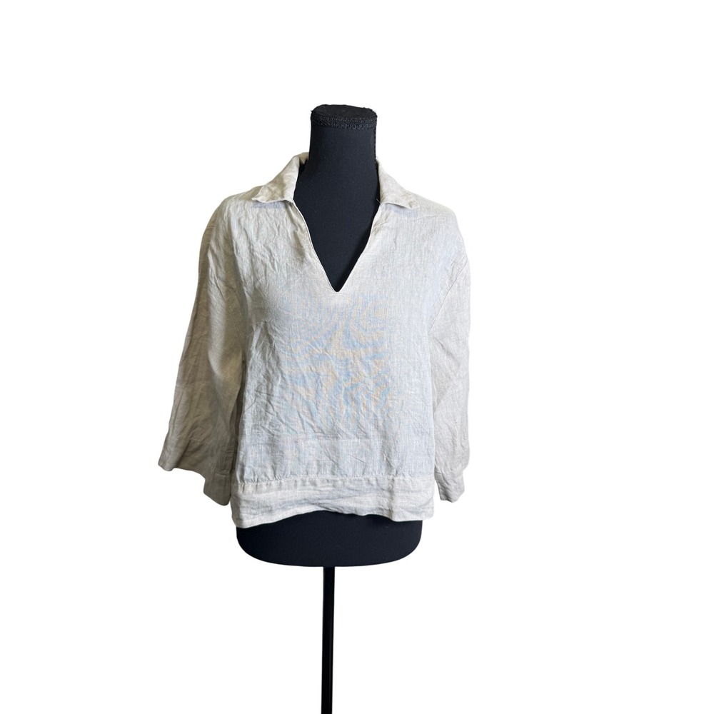 Saks Fifth Avenue Linen Blouse Womens M Cream Excellent V-Neck 3/4 Sleeve